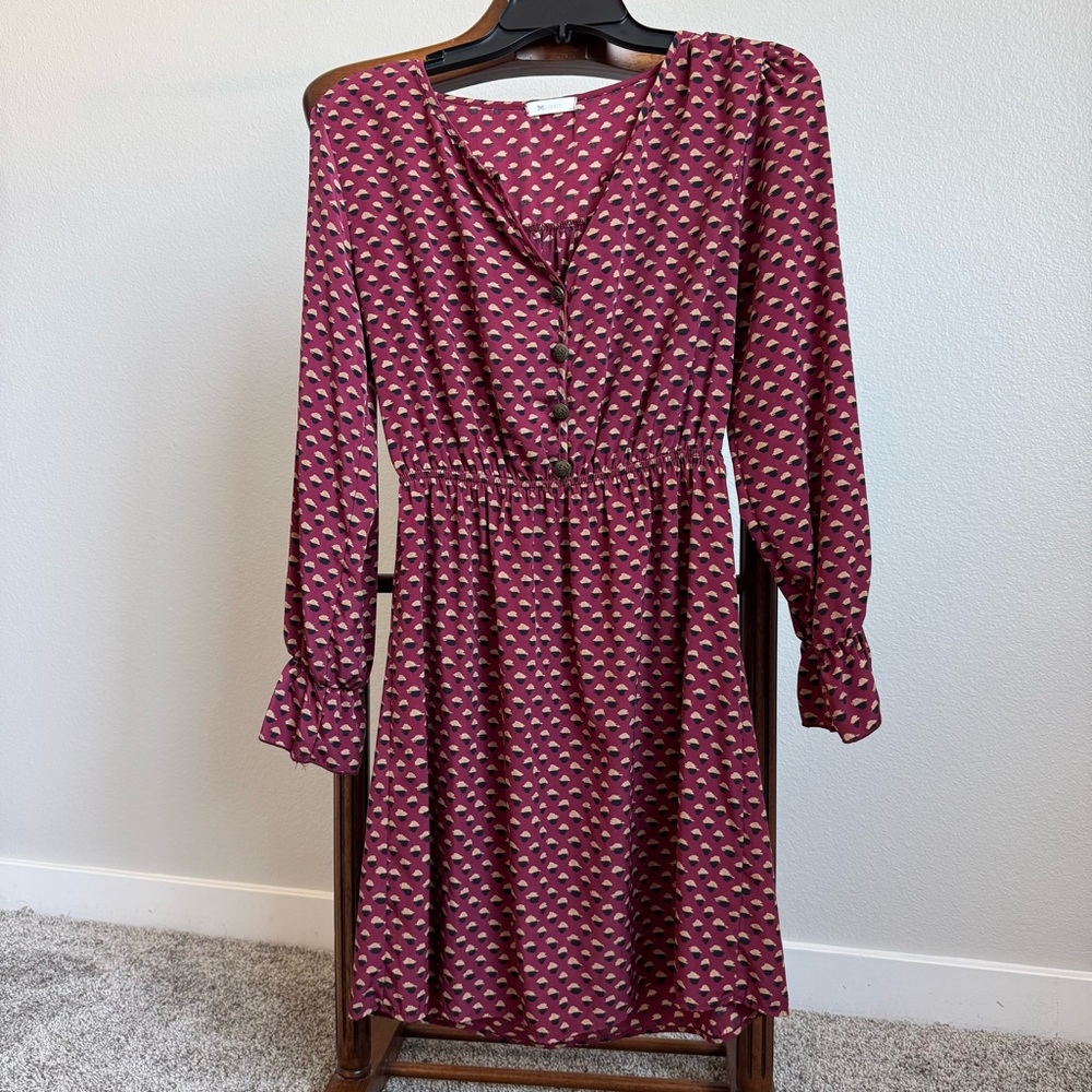 Everly Burgundy Mini Dress Long Sleeve Smocked Waist Button Front Romantic